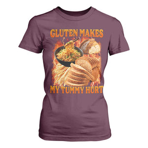 Funny Gluten Free T Shirt For Women Gluten Makes My Tummy Hurt Vintage Bootleg Graphic TS10 Maroon Print Your Wear