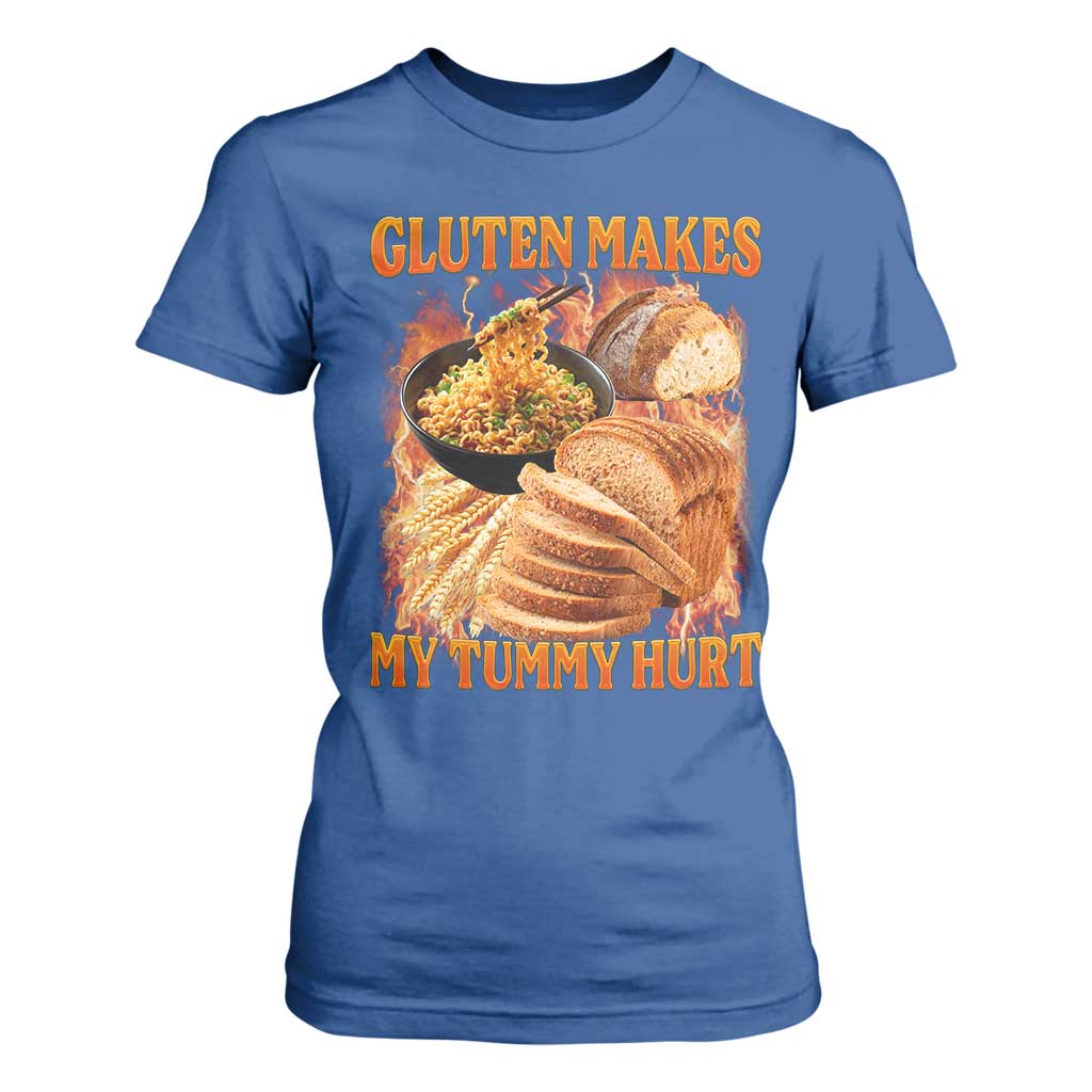 Funny Gluten Free T Shirt For Women Gluten Makes My Tummy Hurt Vintage Bootleg Graphic TS10 Royal Blue Print Your Wear