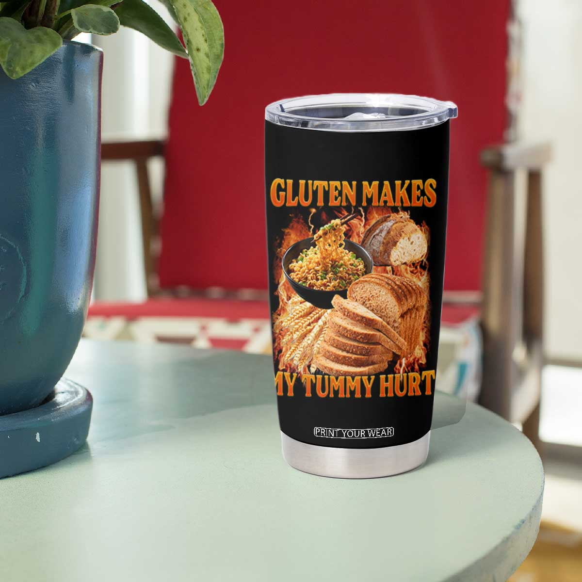 Funny Gluten Free Tumbler Cup Gluten Makes My Tummy Hurt Vintage Bootleg Graphic TS10 Print Your Wear