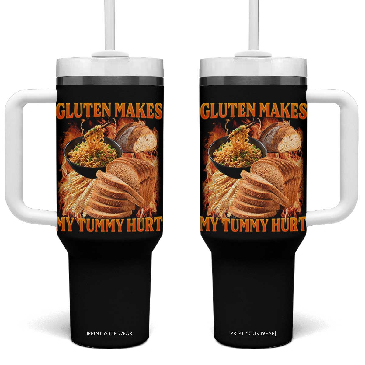 Funny Gluten Free Tumbler With Handle Gluten Makes My Tummy Hurt Vintage Bootleg Graphic TS10 One Size: 40 oz Black Print Your Wear