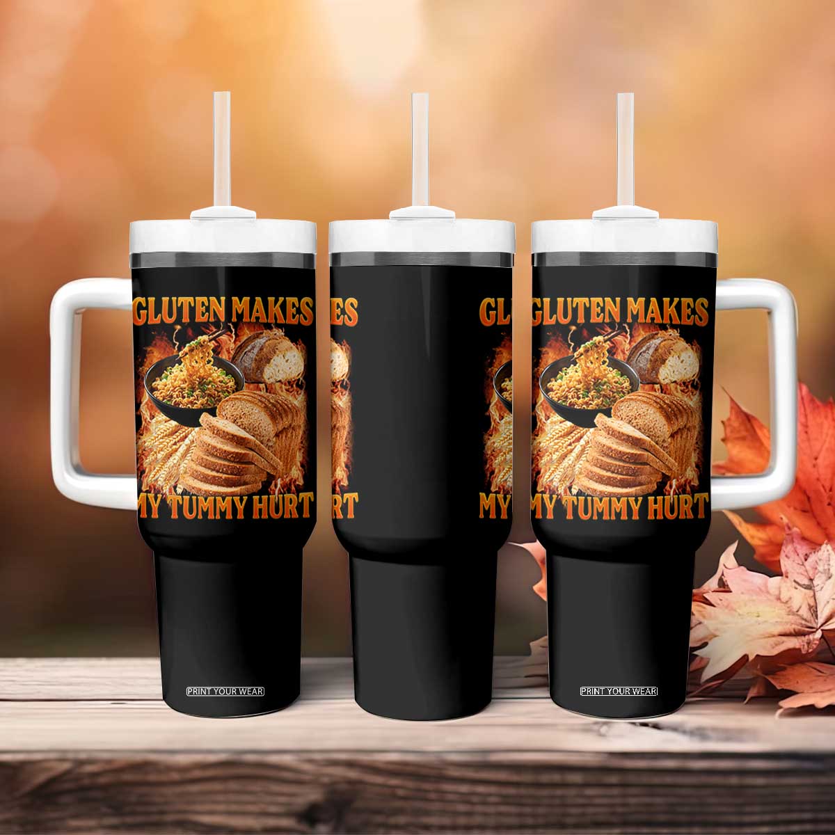 Funny Gluten Free Tumbler With Handle Gluten Makes My Tummy Hurt Vintage Bootleg Graphic TS10 Print Your Wear