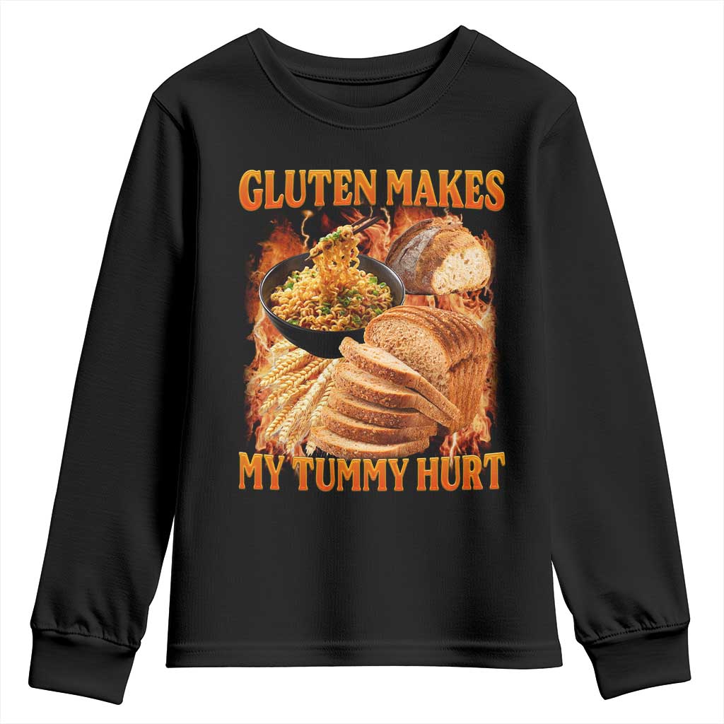 Funny Gluten Free Youth Sweatshirt Gluten Makes My Tummy Hurt Vintage Bootleg Graphic TS10 Black Print Your Wear