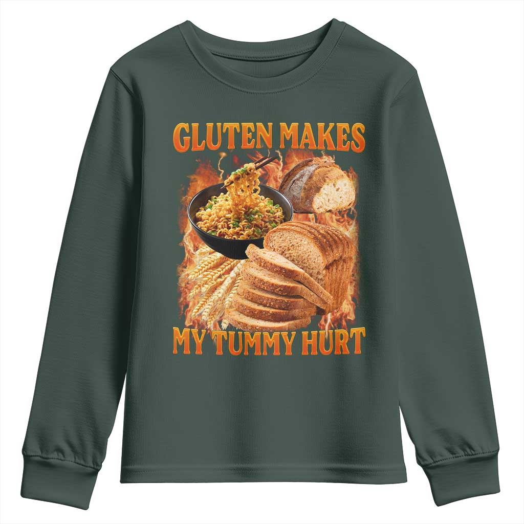 Funny Gluten Free Youth Sweatshirt Gluten Makes My Tummy Hurt Vintage Bootleg Graphic TS10 Dark Forest Green Print Your Wear