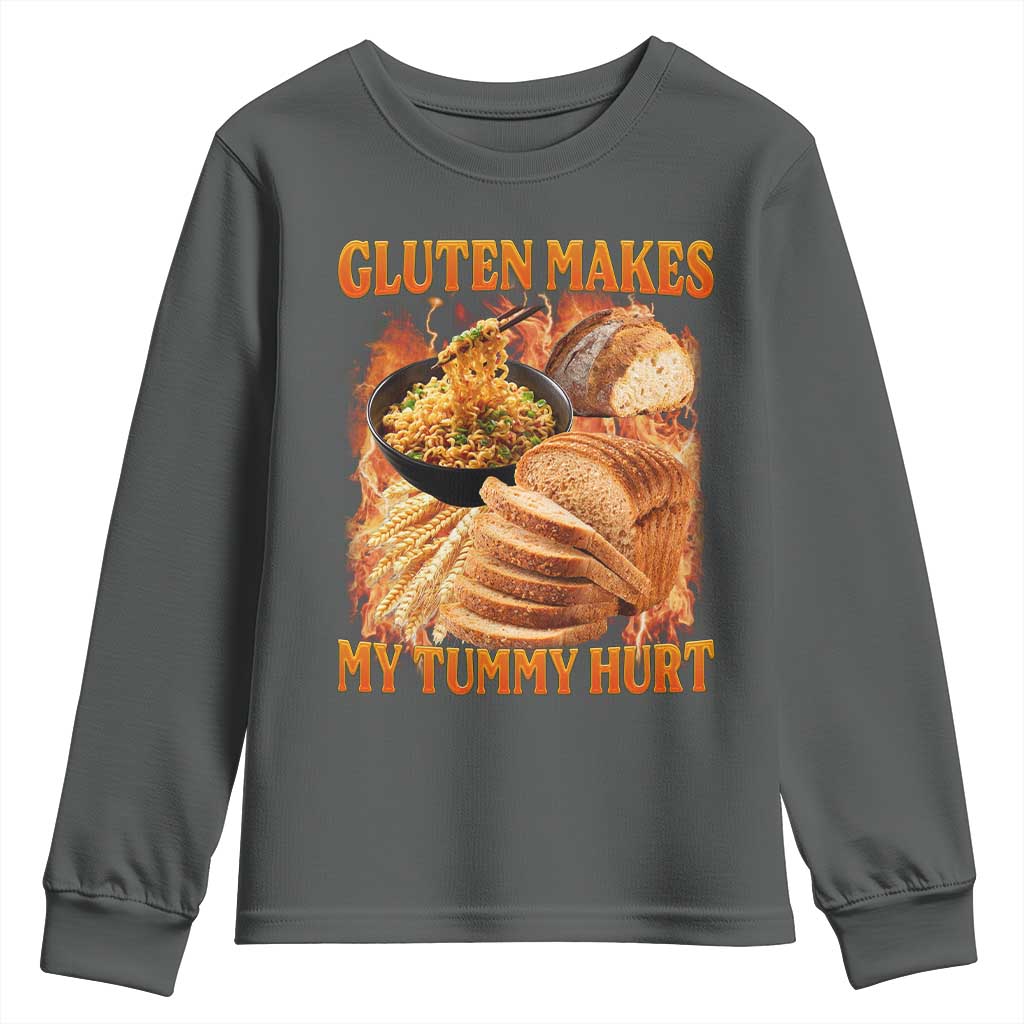 Funny Gluten Free Youth Sweatshirt Gluten Makes My Tummy Hurt Vintage Bootleg Graphic TS10 Dark Heather Print Your Wear