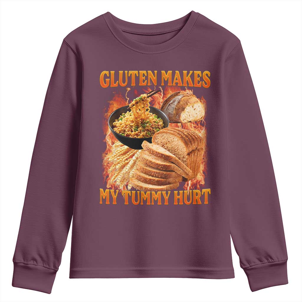 Funny Gluten Free Youth Sweatshirt Gluten Makes My Tummy Hurt Vintage Bootleg Graphic TS10 Maroon Print Your Wear