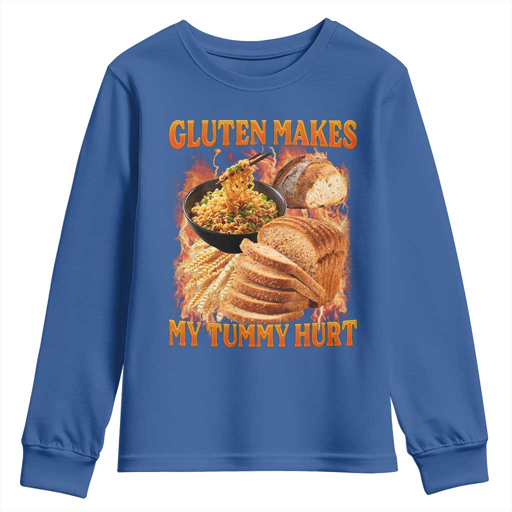 Funny Gluten Free Youth Sweatshirt Gluten Makes My Tummy Hurt Vintage Bootleg Graphic TS10 Royal Blue Print Your Wear