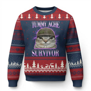 Tummy Ache Survivor Cat Meme Ugly Christmas Sweater Funny Trending Oddly Specific Brainrot Memes TS10 Navy Red Print Your Wear