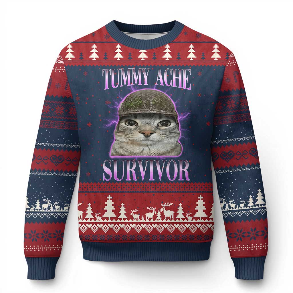 Tummy Ache Survivor Cat Meme Ugly Christmas Sweater Funny Trending Oddly Specific Brainrot Memes TS10 Navy Red Print Your Wear