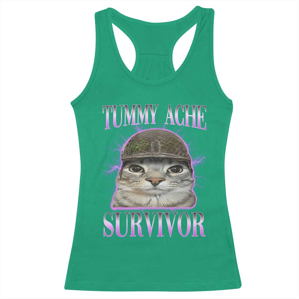 Tummy Ache Survivor Cat Meme Racerback Tank Top Funny Trending Oddly Specific Brainrot Memes TS10 Irish Green Print Your Wear