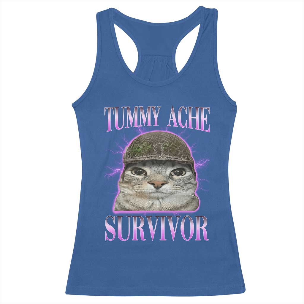Tummy Ache Survivor Cat Meme Racerback Tank Top Funny Trending Oddly Specific Brainrot Memes TS10 Royal Blue Print Your Wear