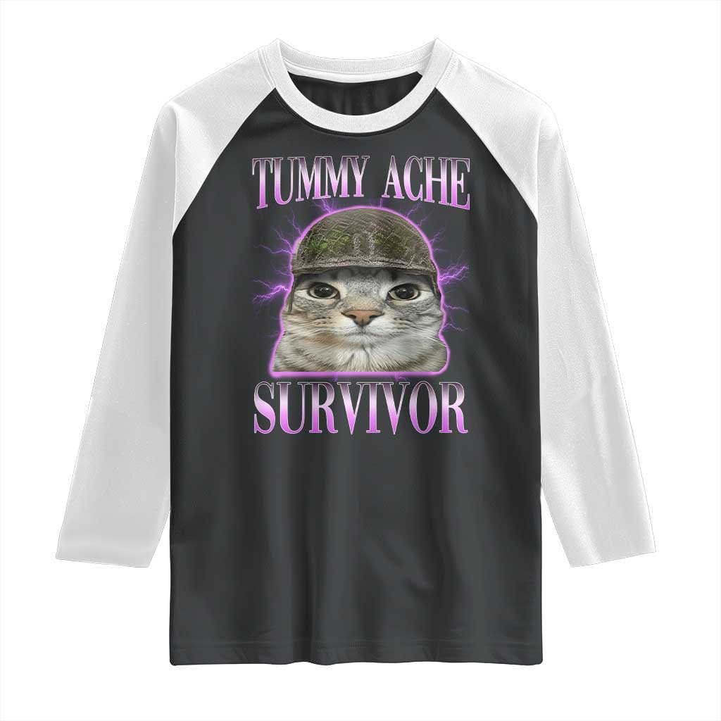 Tummy Ache Survivor Cat Meme Raglan Shirt Funny Trending Oddly Specific Brainrot Memes TS10 Black White Print Your Wear