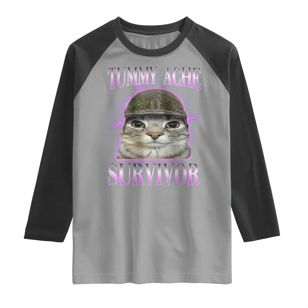 Tummy Ache Survivor Cat Meme Raglan Shirt Funny Trending Oddly Specific Brainrot Memes TS10 Sport Gray Black Print Your Wear
