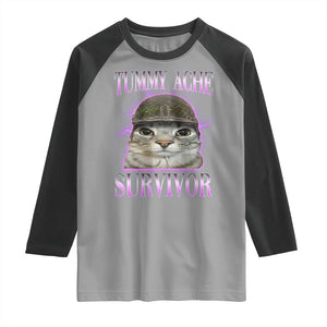 Tummy Ache Survivor Cat Meme Raglan Shirt Funny Trending Oddly Specific Brainrot Memes TS10 Sport Gray Black Print Your Wear