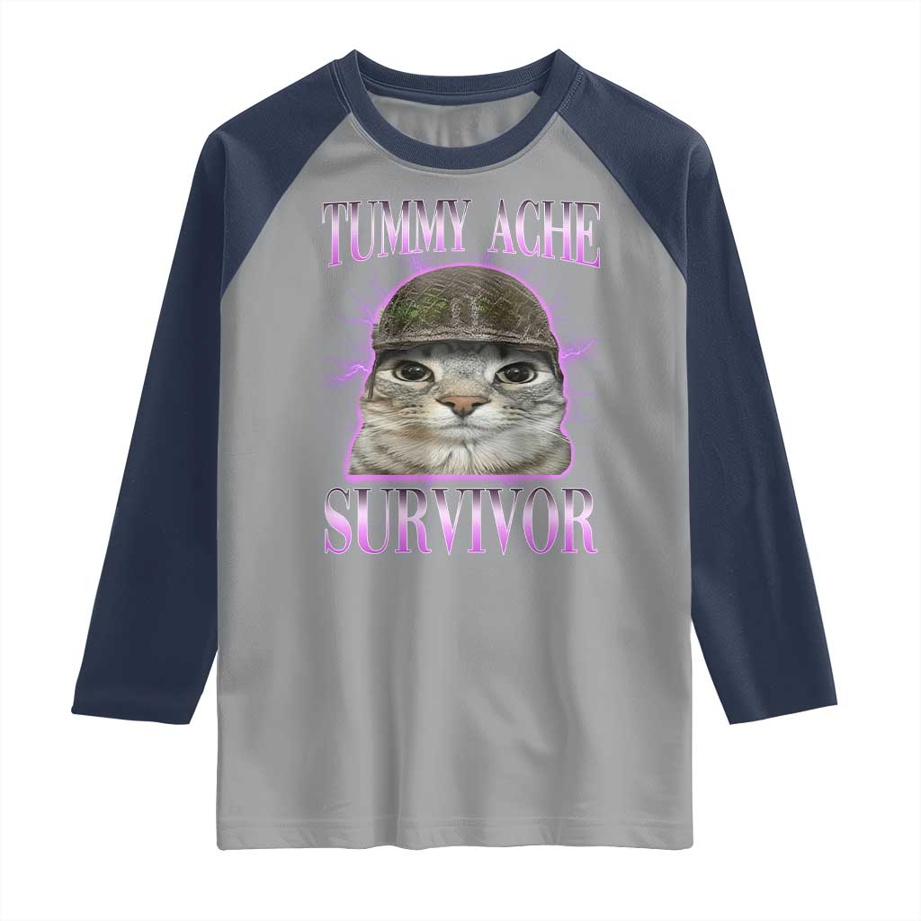 Tummy Ache Survivor Cat Meme Raglan Shirt Funny Trending Oddly Specific Brainrot Memes TS10 Sport Gray Navy Print Your Wear