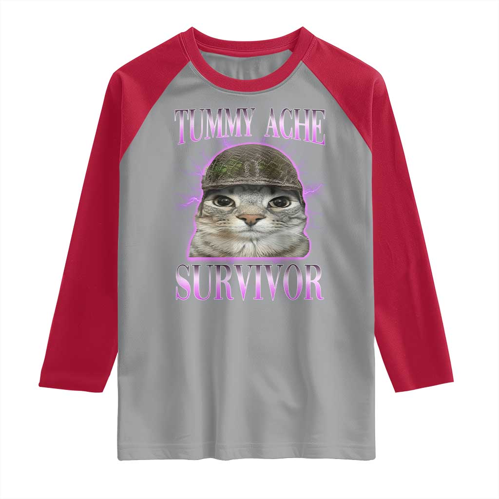 Tummy Ache Survivor Cat Meme Raglan Shirt Funny Trending Oddly Specific Brainrot Memes TS10 Sport Gray Red Print Your Wear