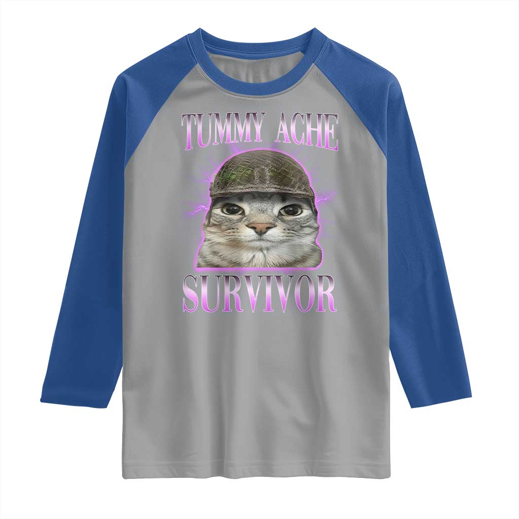 Tummy Ache Survivor Cat Meme Raglan Shirt Funny Trending Oddly Specific Brainrot Memes TS10 Sport Gray Royal Print Your Wear