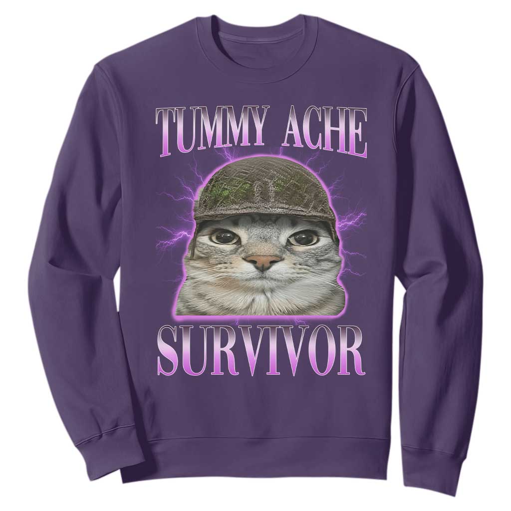 Tummy Ache Survivor Cat Meme Sweatshirt Funny Trending Oddly Specific Brainrot Memes TS10 Purple Print Your Wear
