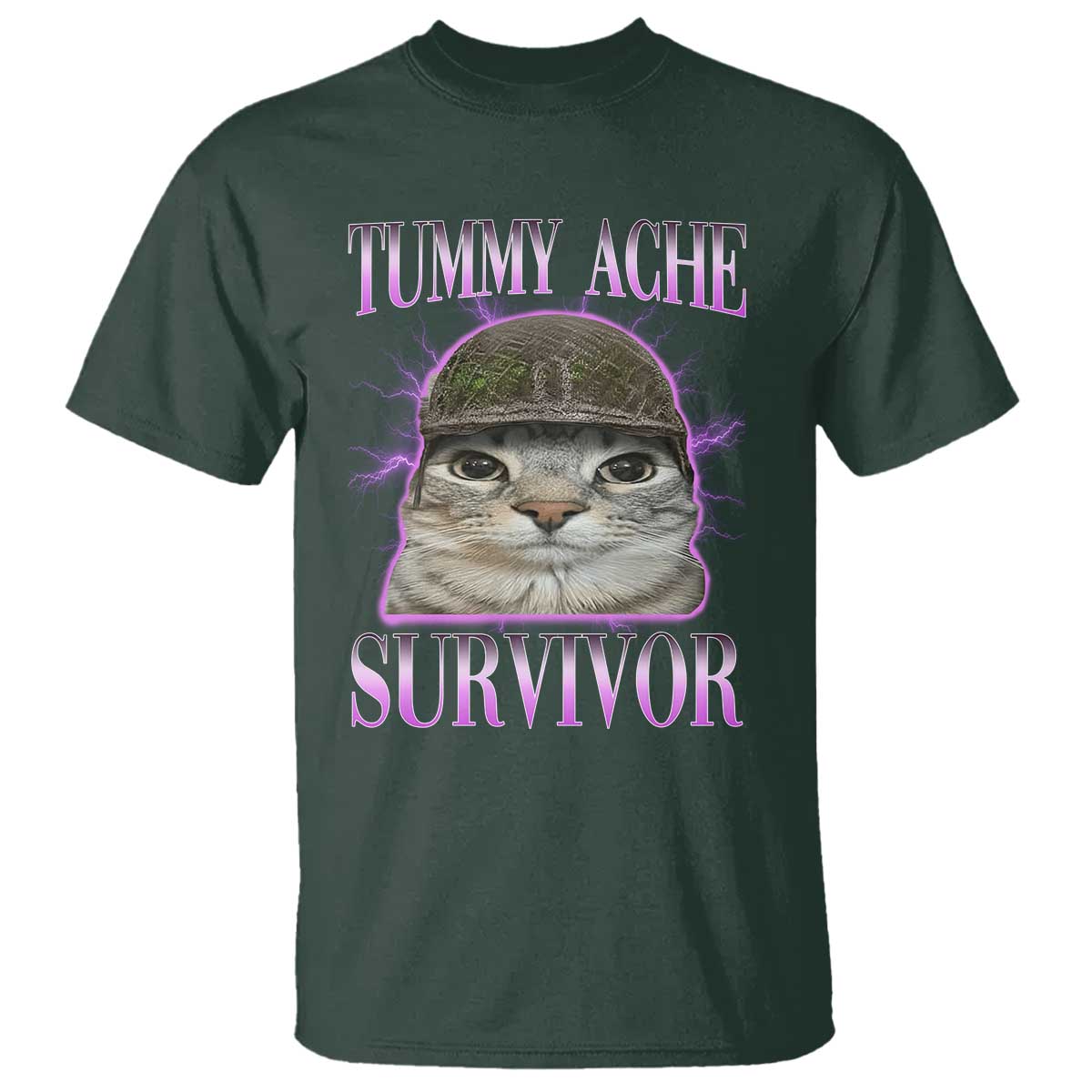 Tummy Ache Survivor Cat Meme T Shirt Funny Trending Oddly Specific Brainrot Memes TS10 Dark Forest Green Print Your Wear