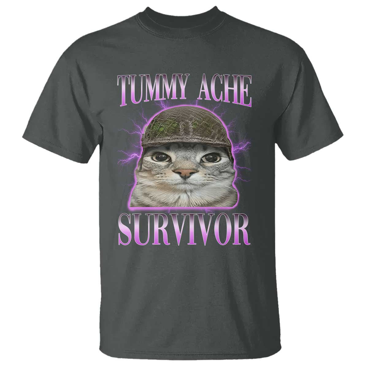 Tummy Ache Survivor Cat Meme T Shirt Funny Trending Oddly Specific Brainrot Memes TS10 Dark Heather Print Your Wear