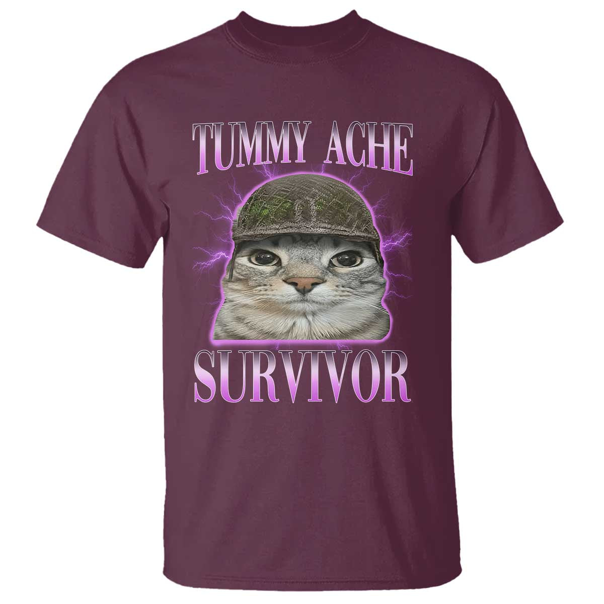 Tummy Ache Survivor Cat Meme T Shirt Funny Trending Oddly Specific Brainrot Memes TS10 Maroon Print Your Wear