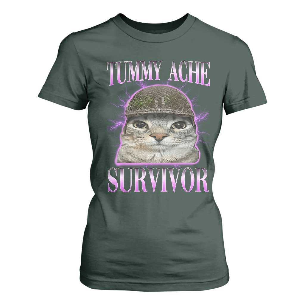 Tummy Ache Survivor Cat Meme T Shirt For Women Funny Trending Oddly Specific Brainrot Memes TS10 Dark Forest Green Print Your Wear