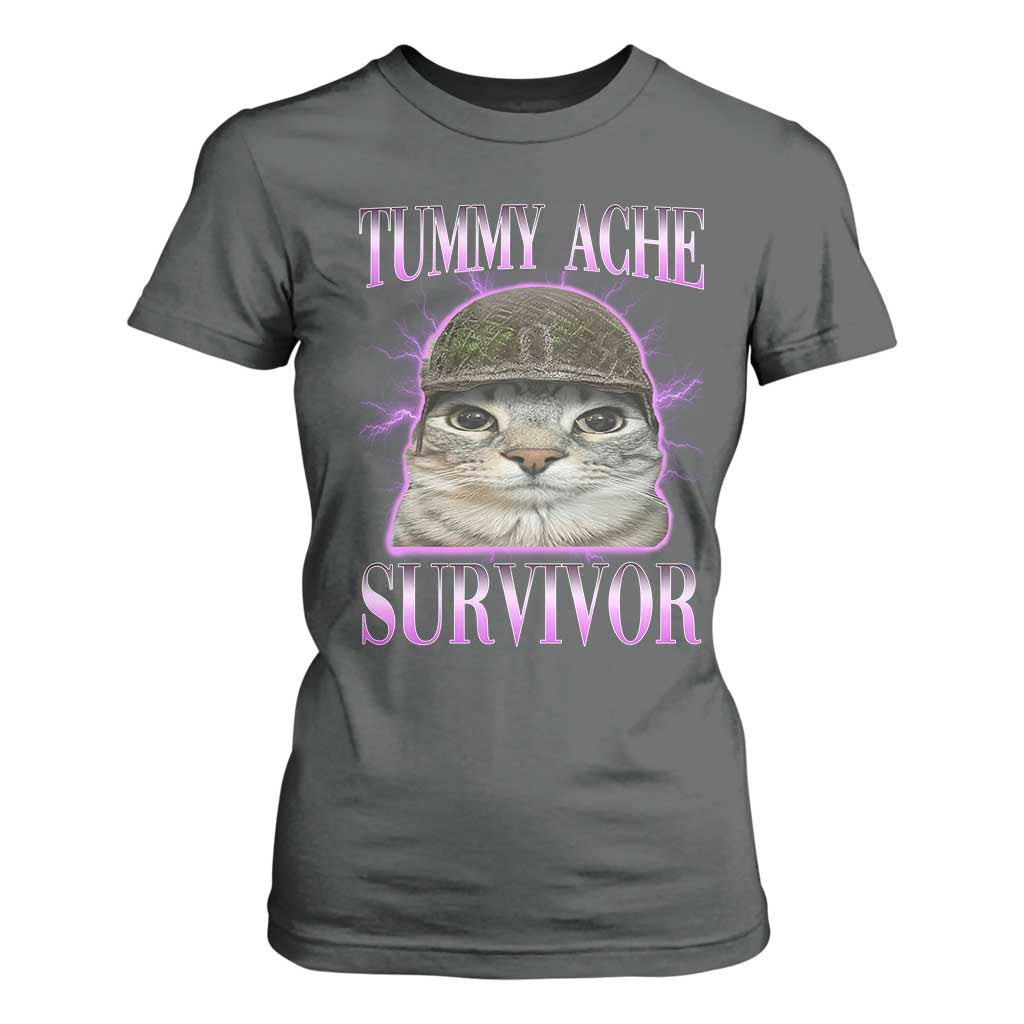 Tummy Ache Survivor Cat Meme T Shirt For Women Funny Trending Oddly Specific Brainrot Memes TS10 Dark Heather Print Your Wear