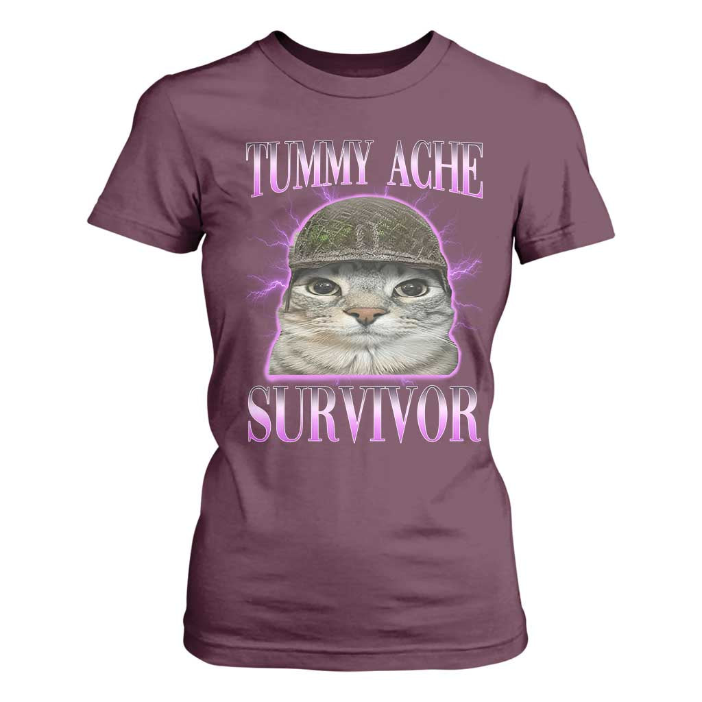 Tummy Ache Survivor Cat Meme T Shirt For Women Funny Trending Oddly Specific Brainrot Memes TS10 Maroon Print Your Wear