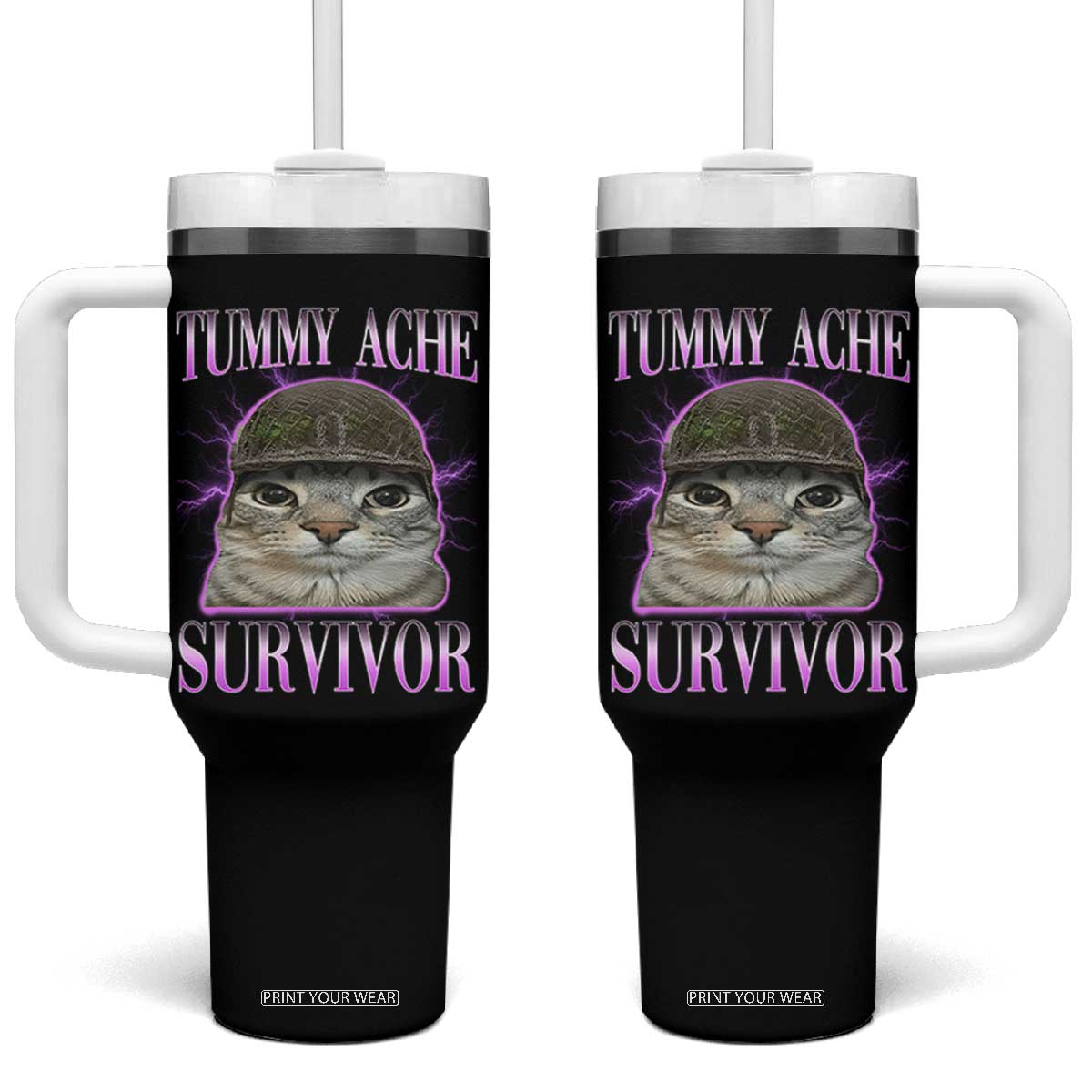 Tummy Ache Survivor Cat Meme Tumbler With Handle Funny Trending Oddly Specific Brainrot Memes TS10 One Size: 40 oz Black Print Your Wear