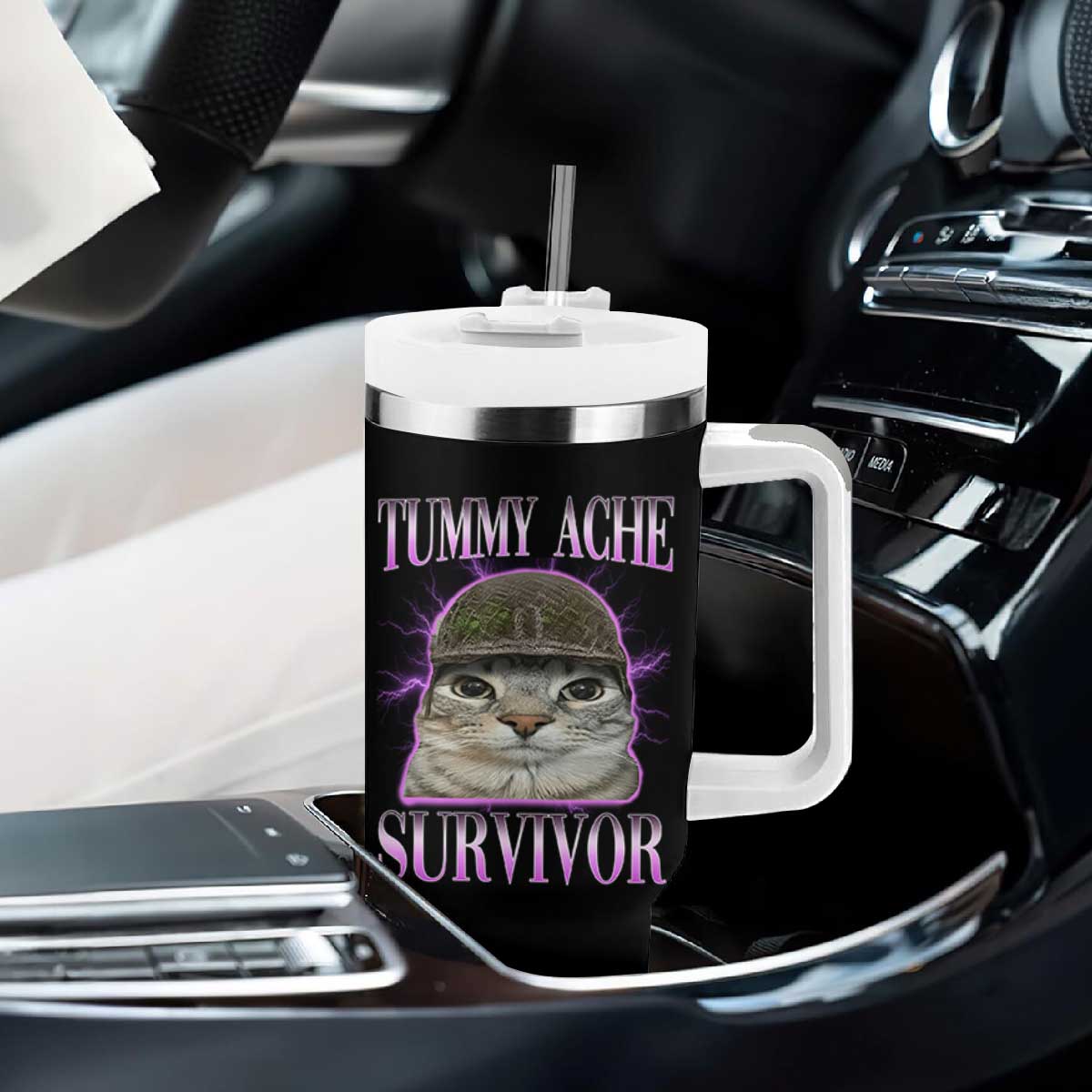 Tummy Ache Survivor Cat Meme Tumbler With Handle Funny Trending Oddly Specific Brainrot Memes TS10 Print Your Wear