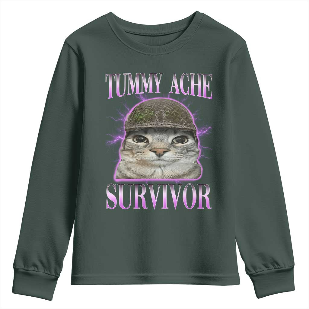 Tummy Ache Survivor Cat Meme Youth Sweatshirt Funny Trending Oddly Specific Brainrot Memes TS10 Dark Forest Green Print Your Wear