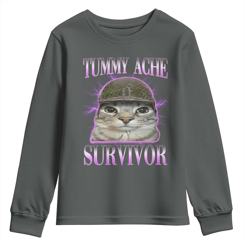 Tummy Ache Survivor Cat Meme Youth Sweatshirt Funny Trending Oddly Specific Brainrot Memes TS10 Dark Heather Print Your Wear