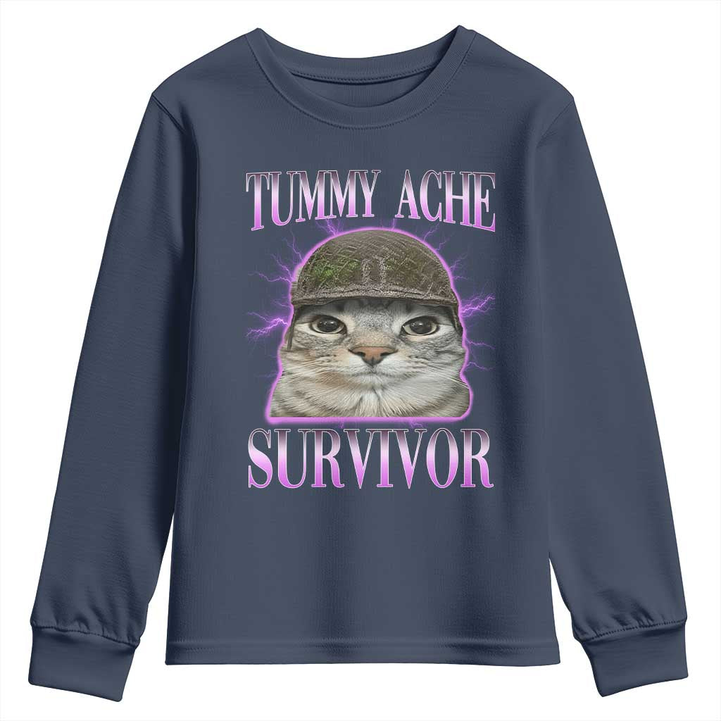 Tummy Ache Survivor Cat Meme Youth Sweatshirt Funny Trending Oddly Specific Brainrot Memes TS10 Navy Print Your Wear