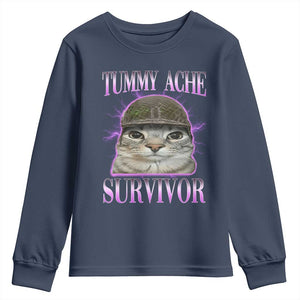 Tummy Ache Survivor Cat Meme Youth Sweatshirt Funny Trending Oddly Specific Brainrot Memes TS10 Navy Print Your Wear