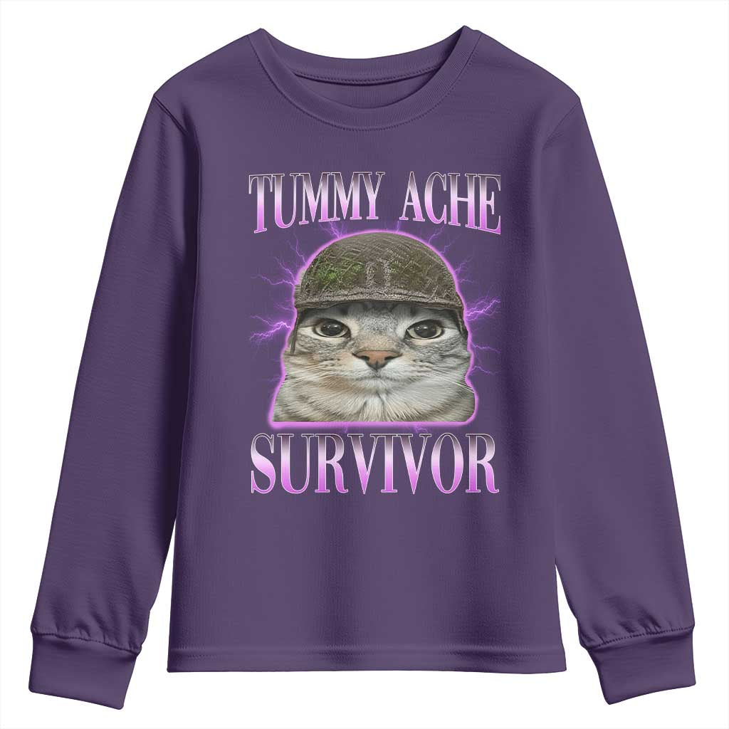 Tummy Ache Survivor Cat Meme Youth Sweatshirt Funny Trending Oddly Specific Brainrot Memes TS10 Purple Print Your Wear
