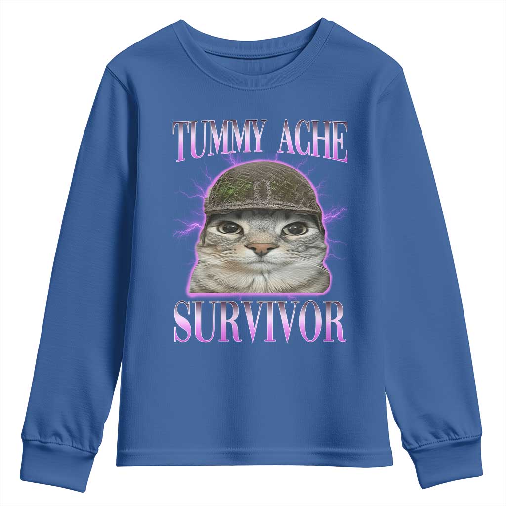 Tummy Ache Survivor Cat Meme Youth Sweatshirt Funny Trending Oddly Specific Brainrot Memes TS10 Royal Blue Print Your Wear