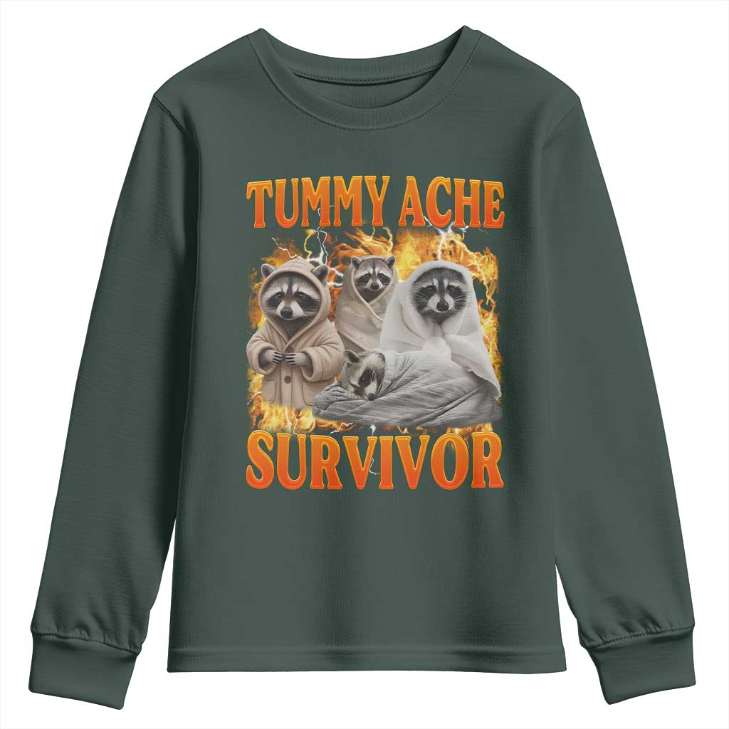 Tummy Ache Survivor Raccoon Meme Youth Sweatshirt TS10 Dark Forest Green Print Your Wear
