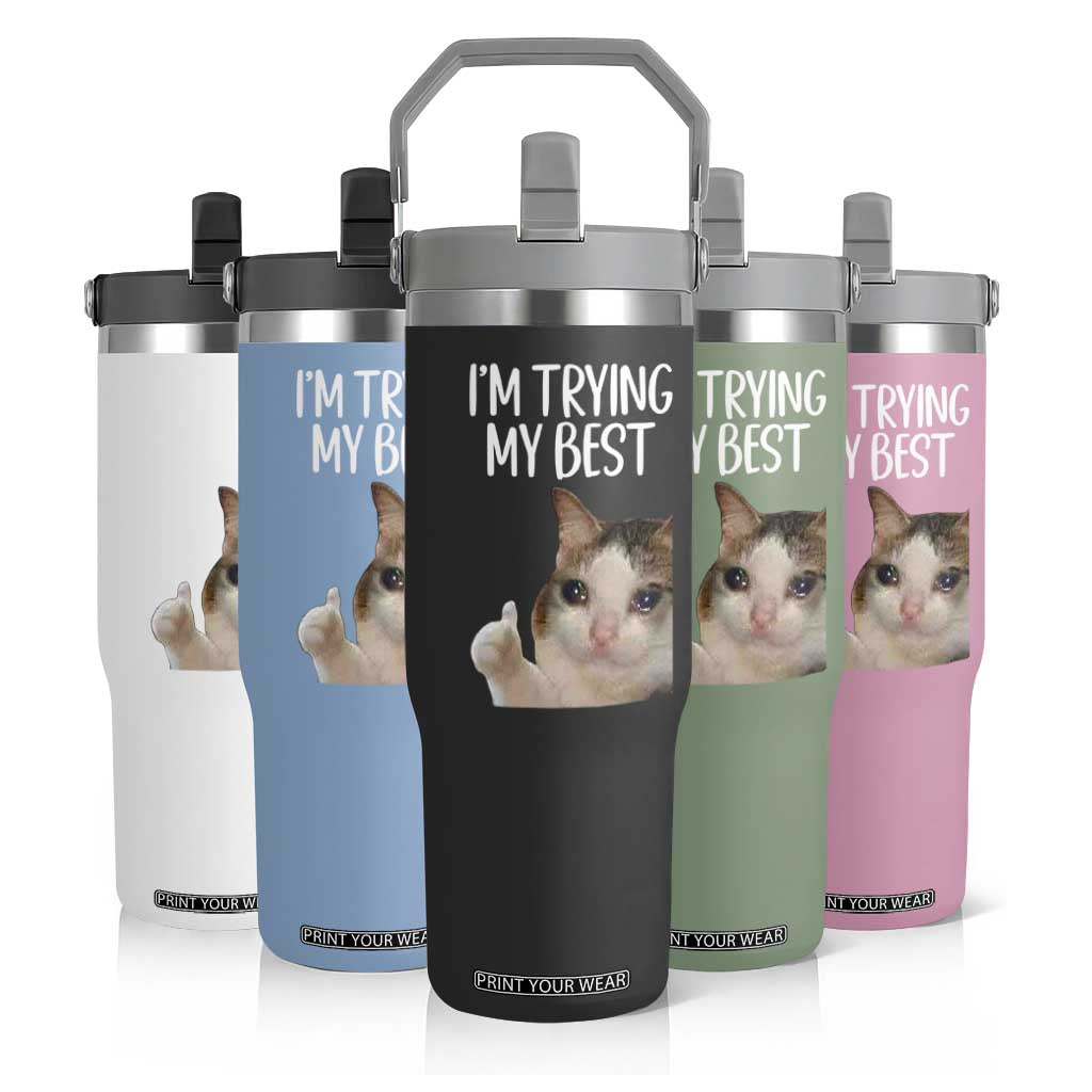 Im Trying My Best Funny Crying Cat Meme Flip Straw Tumbler TS10 Print Your Wear