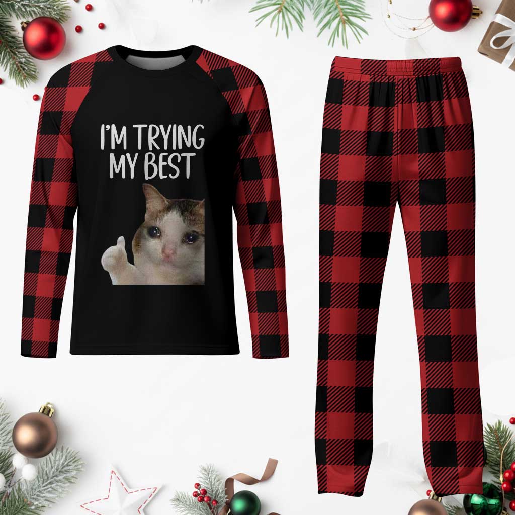 Im Trying My Best Funny Crying Cat Meme Plaid Pajama Set TS10 Buffalo Plaid Print Your Wear