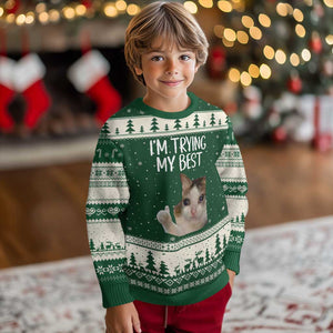Im Trying My Best Funny Crying Cat Meme Ugly Christmas Sweater TS10 Forest Green Beige Print Your Wear