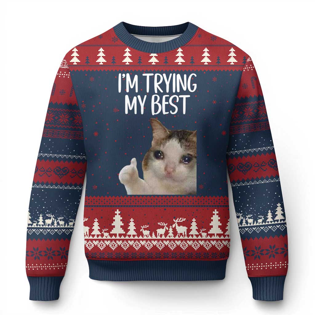 Im Trying My Best Funny Crying Cat Meme Ugly Christmas Sweater TS10 Navy Red Print Your Wear
