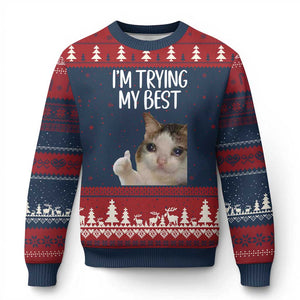 Im Trying My Best Funny Crying Cat Meme Ugly Christmas Sweater TS10 Navy Red Print Your Wear