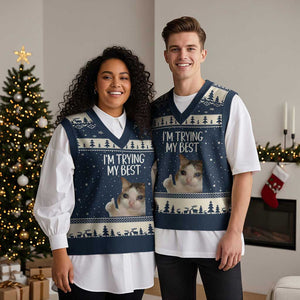 Im Trying My Best Funny Crying Cat Meme V-Neck Knit Sweater Vest TS10 Navy Beige Print Your Wear