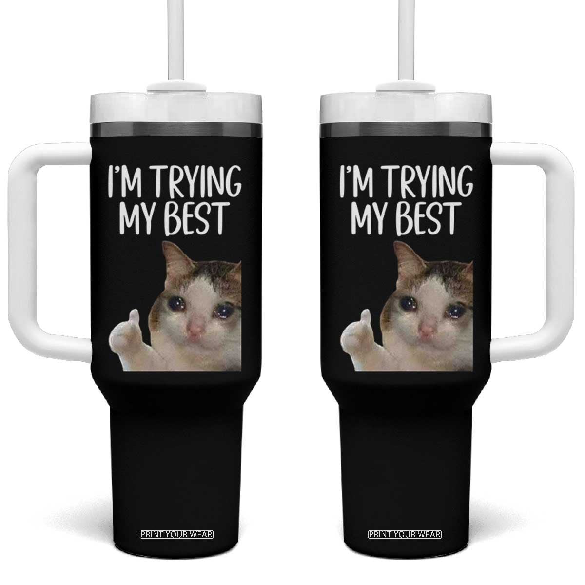 Im Trying My Best Funny Crying Cat Meme Tumbler With Handle - Print Your Wear