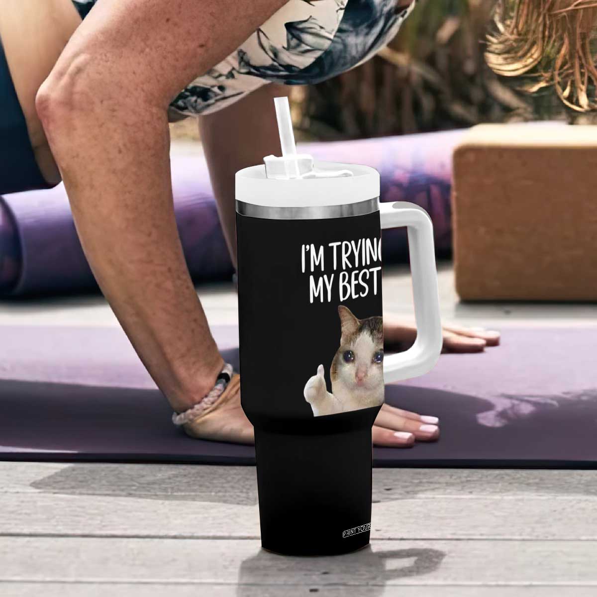 Im Trying My Best Funny Crying Cat Meme Tumbler With Handle TS10 Print Your Wear