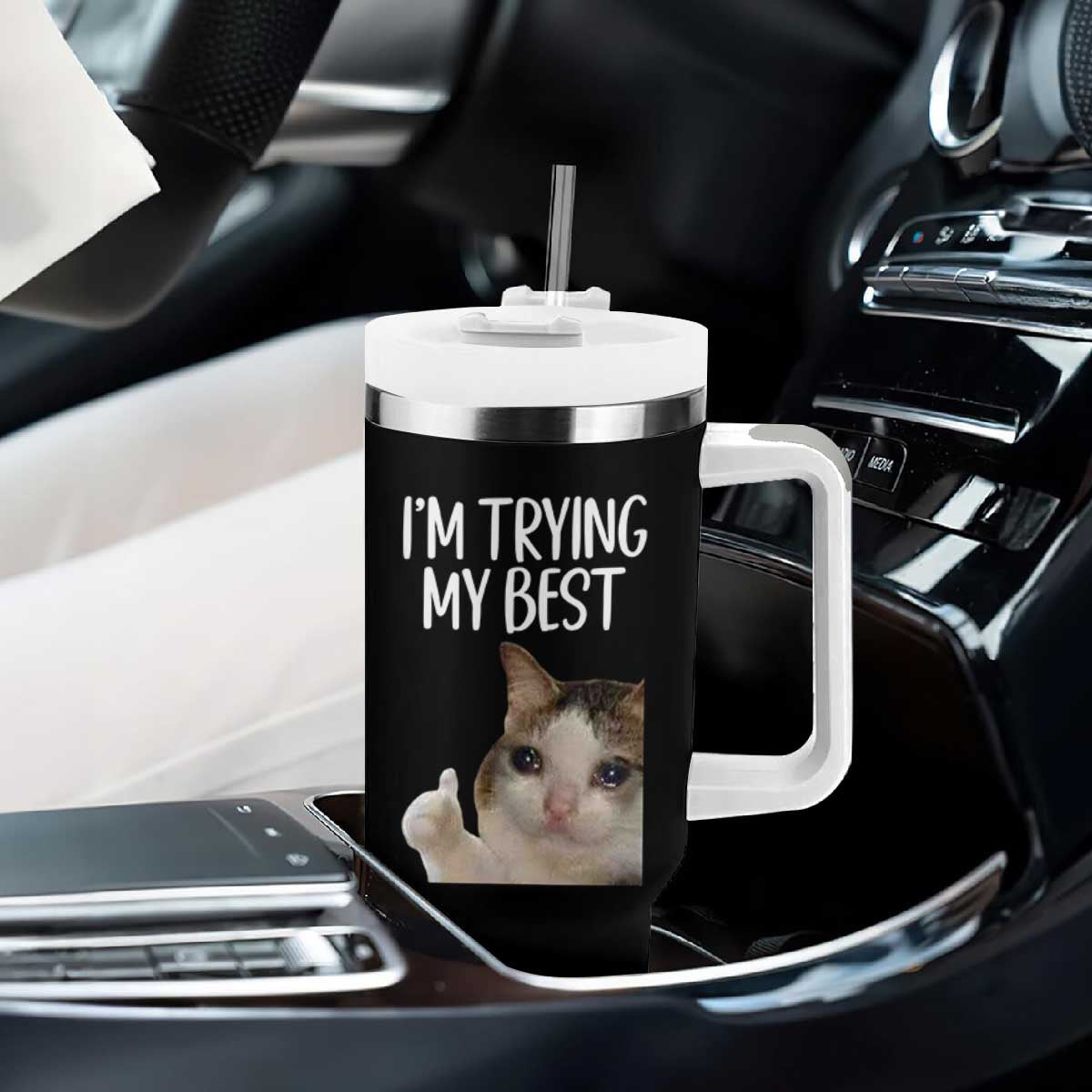 Im Trying My Best Funny Crying Cat Meme Tumbler With Handle TS10 Print Your Wear