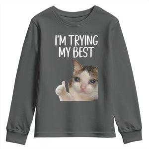 Im Trying My Best Funny Crying Cat Meme Youth Sweatshirt TS10 Dark Heather Print Your Wear