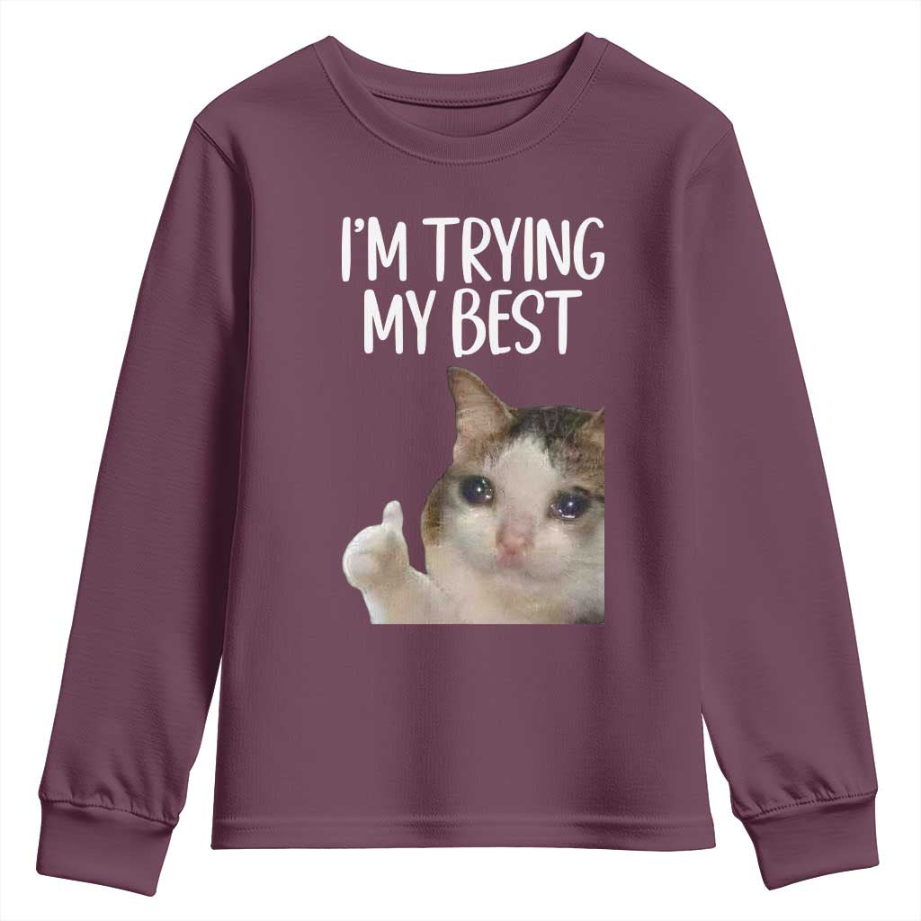 Im Trying My Best Funny Crying Cat Meme Youth Sweatshirt TS10 Maroon Print Your Wear