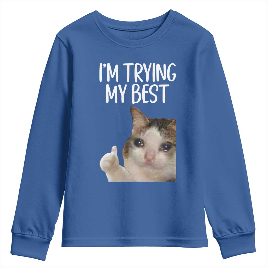 Im Trying My Best Funny Crying Cat Meme Youth Sweatshirt TS10 Royal Blue Print Your Wear