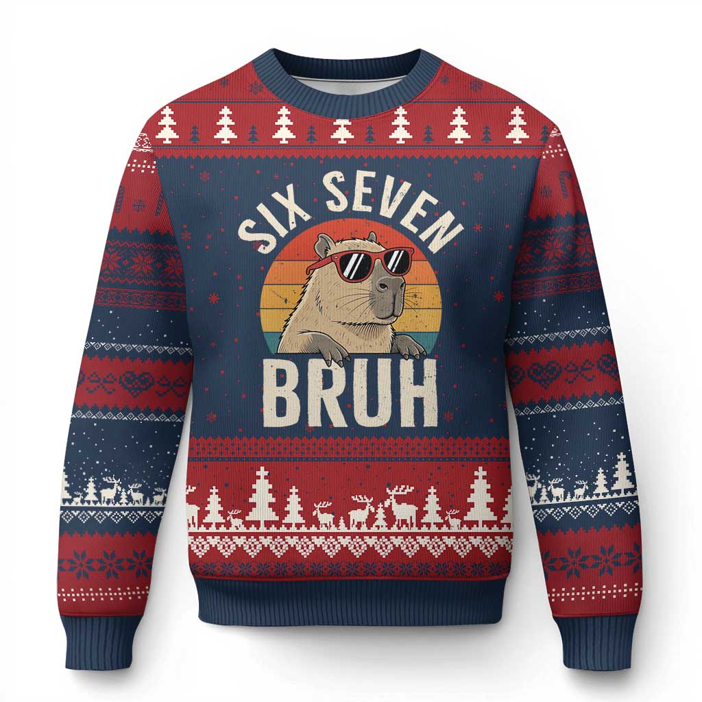 Six Seven Bruh 67 Meme Funny Capybara Ugly Christmas Sweater TS10 Navy Red Print Your Wear