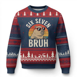 Six Seven Bruh 67 Meme Funny Capybara Ugly Christmas Sweater TS10 Navy Red Print Your Wear